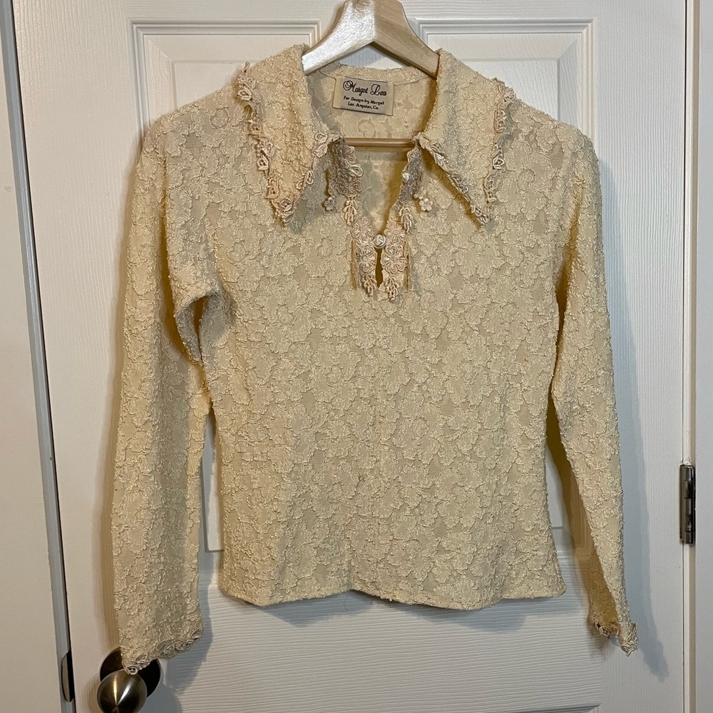 VTG Margot Lea long sleeve ivory blouse w/ brocade & embroidered lace trim sz S